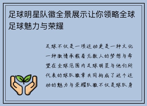 足球明星队徽全景展示让你领略全球足球魅力与荣耀